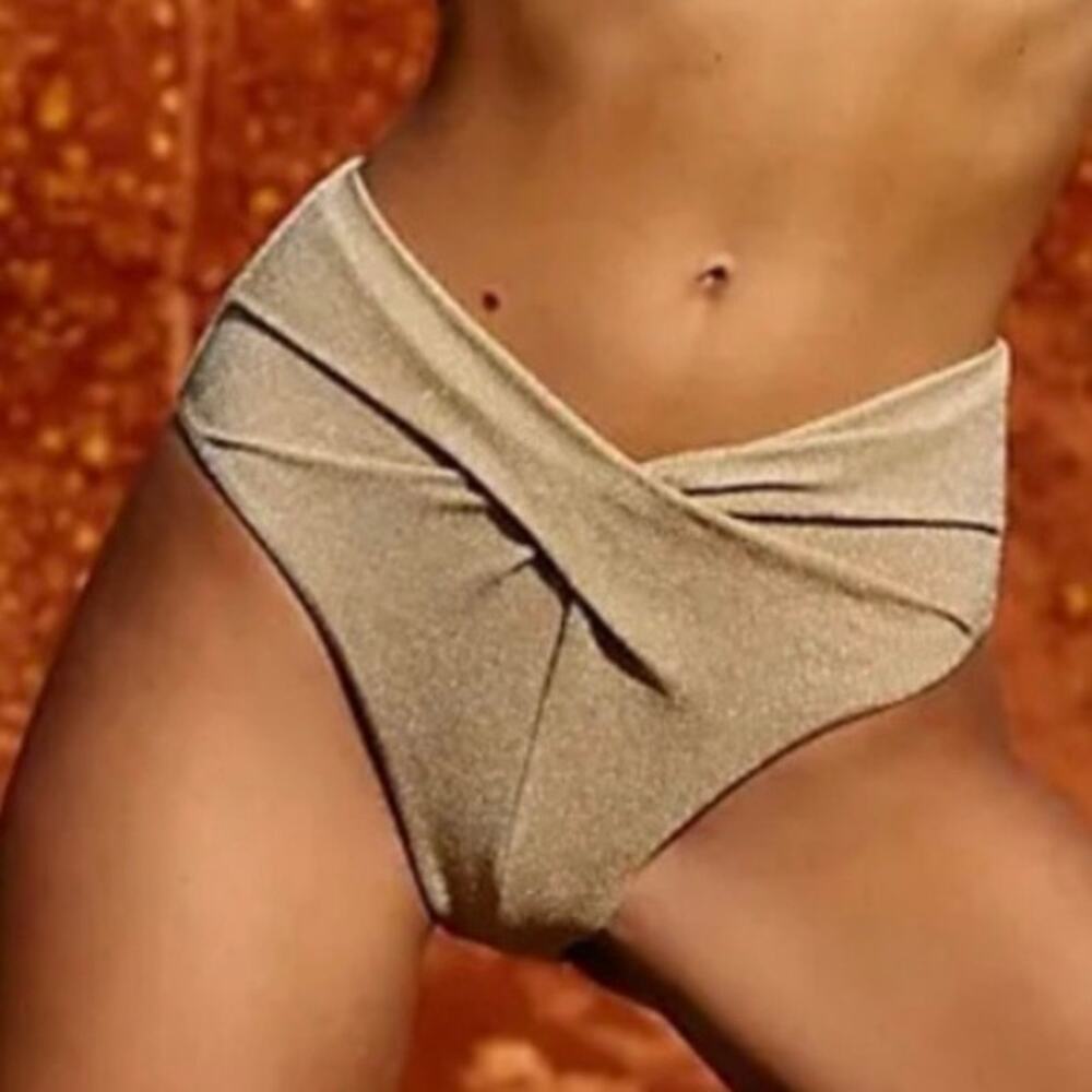 Free People Beach Riot Zurie Gild Shimmer Twist High Waist Bikini Bottom Small
